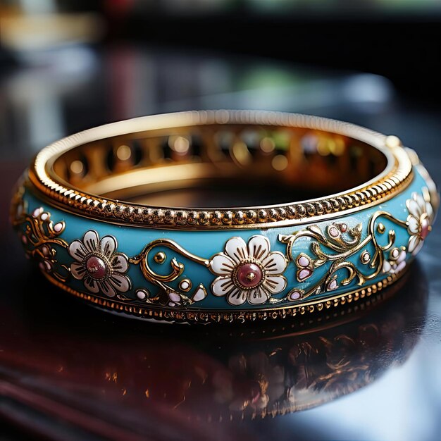 Linda pulseira azul e dourada com intrincados padrões florais
