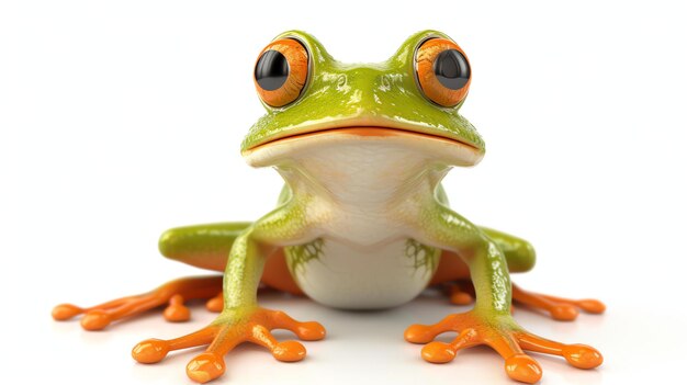 Una linda rana verde con grandes ojos naranjas está sentada sobre un fondo blanco La rana está mirando a la cámara con una expresión curiosa