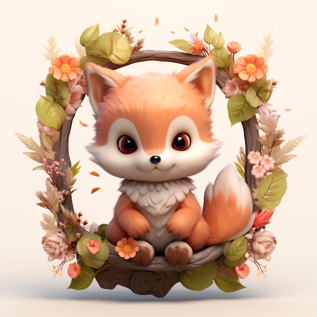 Foto linda raposa bebê da floresta em moldura de flor ornamentada