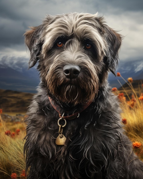 Foto una linda raza de perro bouvier des flandres de color negro con fondo de flores generada por la ia