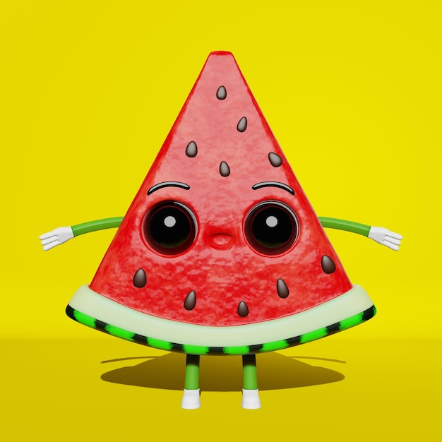 Linda rebanada de sandía personaje 3D creativo fondo amarillo vacaciones de verano Fruta fresca y jugosa divertida Ilustración para niños