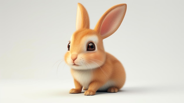 Una linda representación en 3D de un conejo marrón esponjoso sentado sobre un fondo blanco