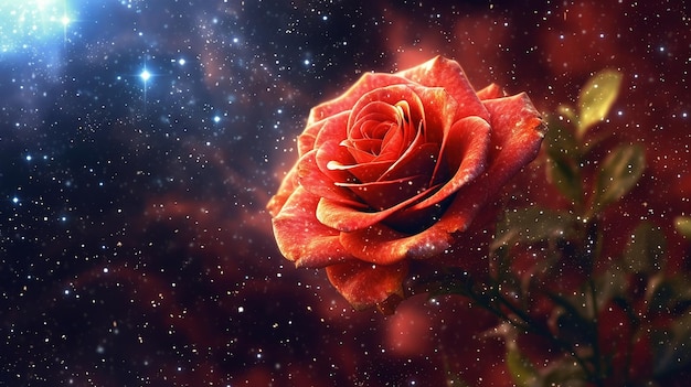 Linda rosa vermelha escura, imagem de papel de parede de fundo luz das estrelas, arte gerada por IA