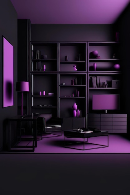 linda sala de estar em preto e roxo com móveis luxuosos