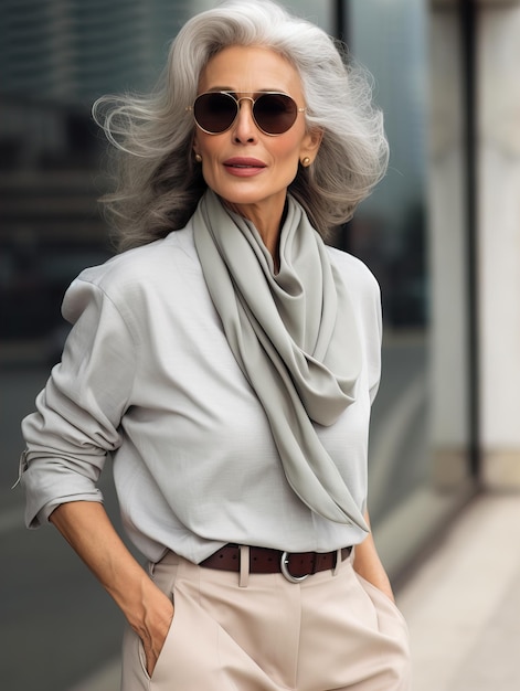 Foto linda senhora sênior com cabelos grisalhos posando em pé na rua da cidade europeia lindo modelo de moda de mulher mais velha blogueiro de estilo de rua