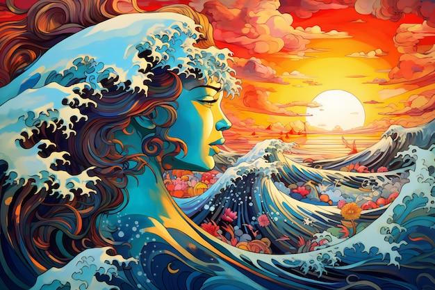 Linda sereia na paisagem de fantasia do oceano