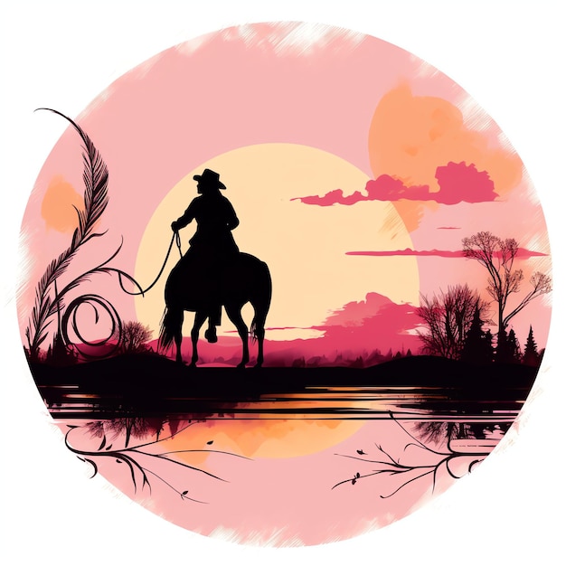 Foto linda silhueta de cowboy rosa com ilustração de clipart de fundo do pôr do sol