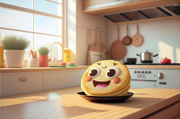 Linda sonrisa dulce de panqueque en la cocina estilo de renderizado 3D Ilustración generada por AI