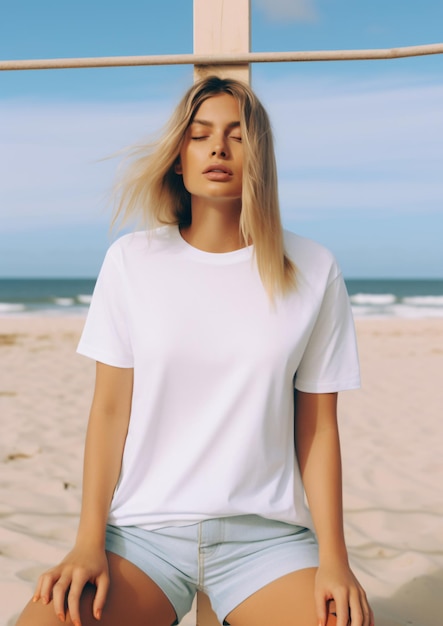 Linda surfista loira vestindo camiseta branca em branco na camiseta branca da praia simulada