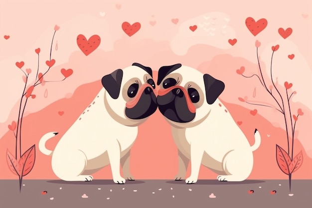 Linda tarjeta de día de San Valentín con perros pug de dibujos animados besando personajes generativos ai