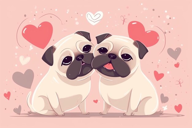 Linda tarjeta de día de San Valentín con perros pug de dibujos animados besando personajes generativos ai