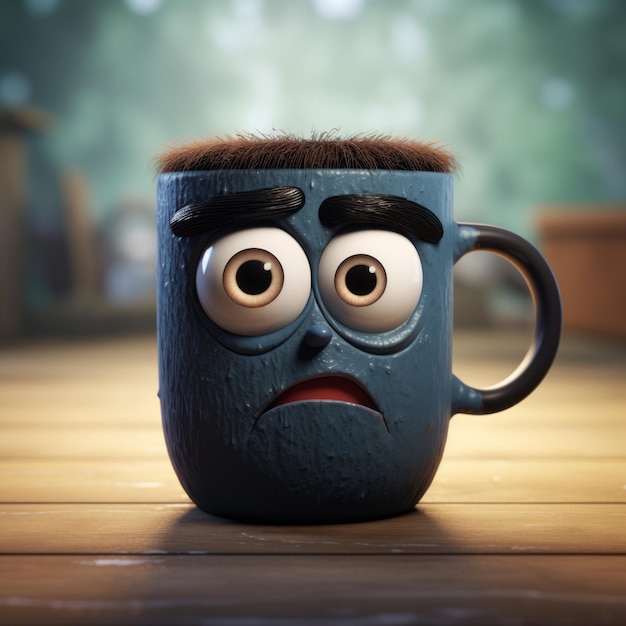 Linda taza de café azul con cara triste Vray Tracing Montajes cinematográficos Temática de aventuras