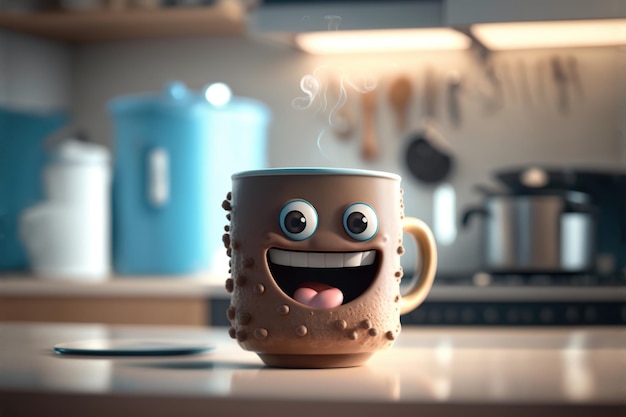 Linda taza de café dulce sonrisa en la cocina Ilustración generativa de IA