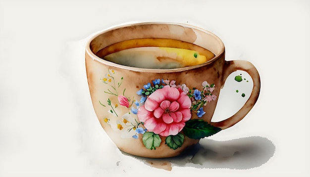 Una linda taza de té de acuarela con flores generadas por la IA