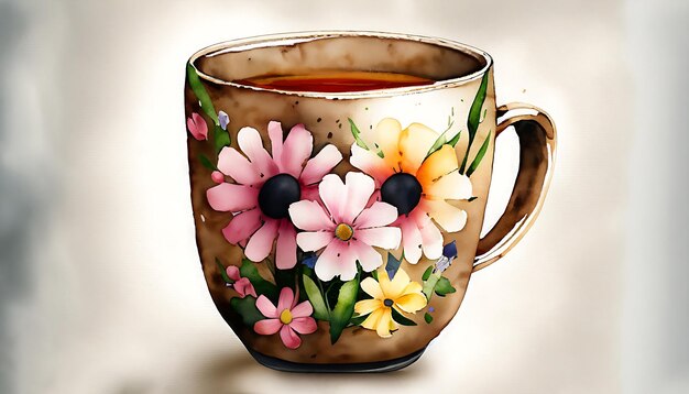 Una linda taza de té de acuarela con flores generadas por la IA