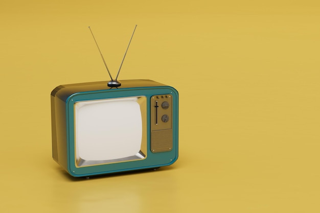 Linda televisão vintage com antena em uma renderização 3d de fundo amarelo