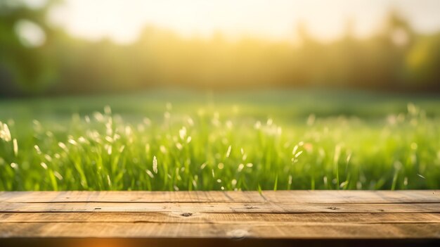 Linda temporada de primavera com mesa de madeira no campo de grama e bokeh luz de fundo