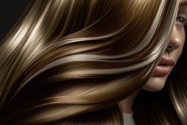 Linda textura de cabelo saudável e brilhante com mechas douradas realçadas AI Generation