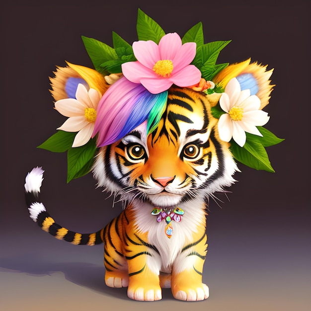 una linda tigresa chibi con un lindo corte de cabello de arcoíris y flores tropicales