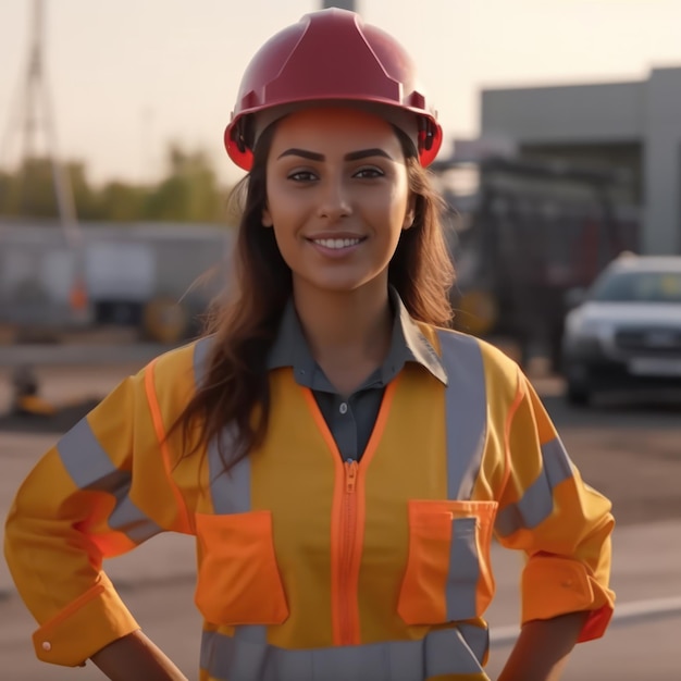 Foto linda trabalhadora construtora de confiança em uniforme e capacete de segurança sorrindo no dia do trabalho