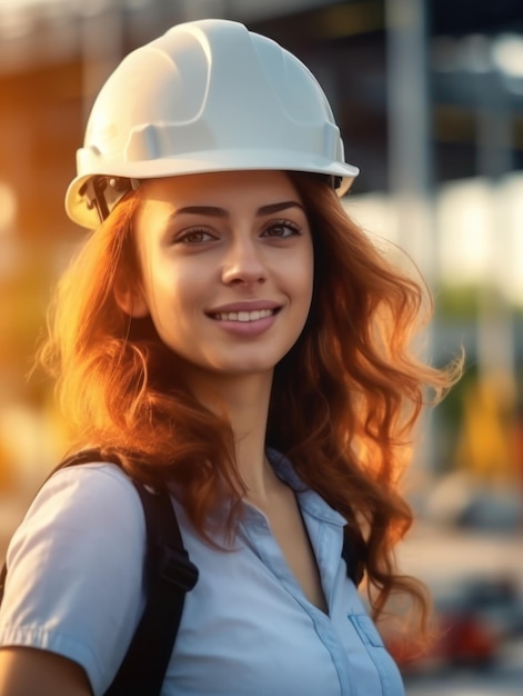 Linda trabalhadora construtora de confiança em uniforme e capacete de segurança sorrindo no Dia do Trabalho