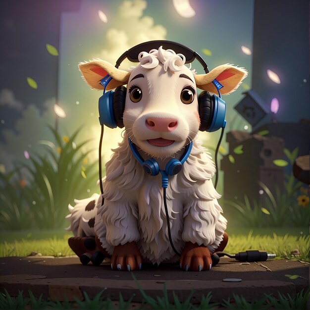 Una linda vaca con auriculares de música