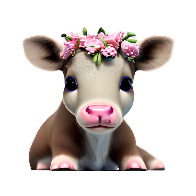 una linda vaca bebé con una hermosa corona de flores