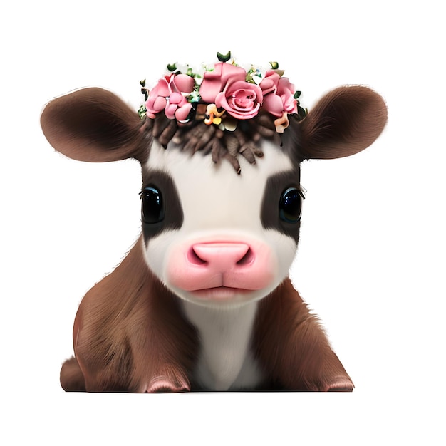 una linda vaca bebé con una hermosa corona de flores