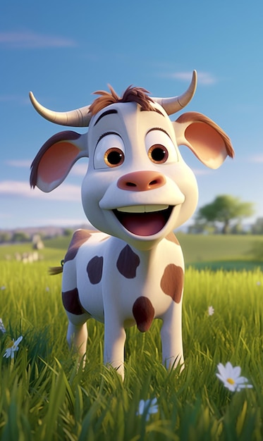 Linda vaca de dibujos animados en un ai generativo de hierba