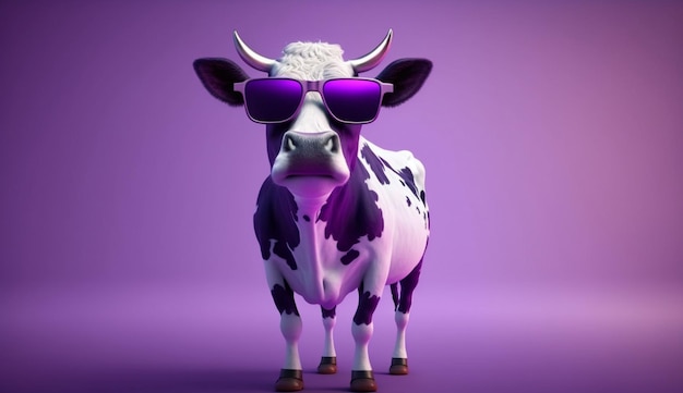 Linda vaca de dibujos animados con gafas de sol moradas sobre un fondo morado IA generativa