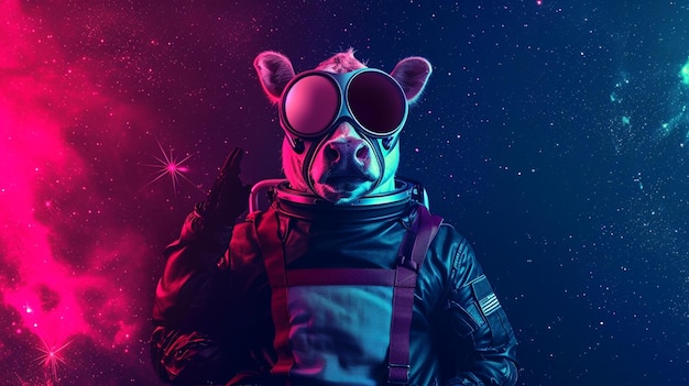 Linda vaca espacial vestida con un traje de astronauta con gafas de sol en rosa y azul generativo mágico Ai