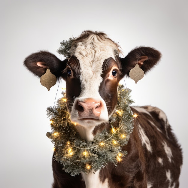 Foto linda vaca con luces navideñas y guirnaldas sobre fondo blanco.