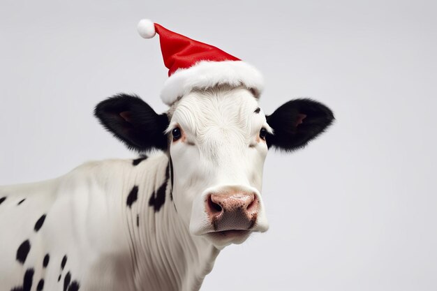 Una linda vaca con sombrero de Papá Noel sobre un fondo blanco Concepto de Feliz Navidad IA generativa