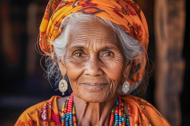 Linda velha de etnia indiana, na casa dos oitenta anos, sorrindo, expressando positividade e confiança