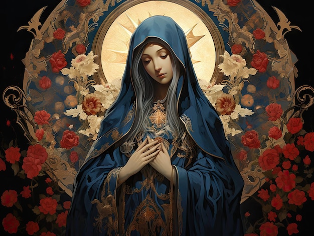 Linda Virgem Maria Nossa Senhora Mãe de Deus Jesus estilo de arte japonesa ilustração de belas obras de arte