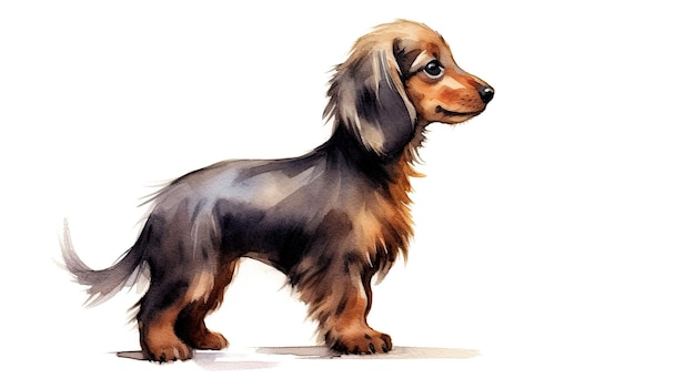 Linda vista lateral de dachshund de pelo largo aislada sobre fondo blanco Ilustración de acuarela digital