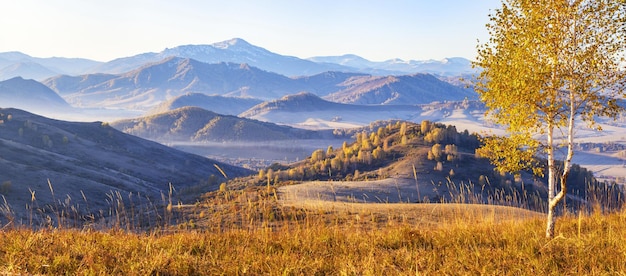 Linda vista panorâmica da natureza do outono Paisagem montanhosa manhã