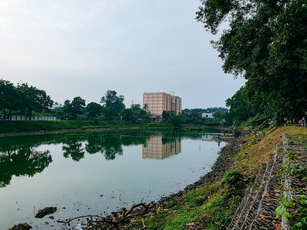 Linda vista para o lago de manhã com árvores frondosas contra o fundo do prédio de apartamentos