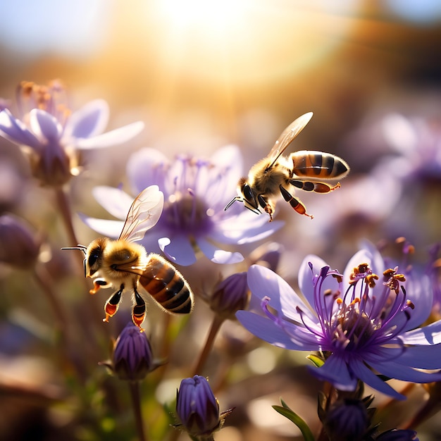 Lindas abelhas coloridas de fundo de flores naturais de primavera de verão trabalhando em um dia ensolarado brilhante