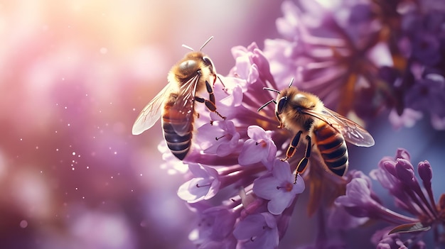 Lindas abelhas coloridas de fundo de flores naturais de primavera de verão trabalhando em um dia ensolarado brilhante