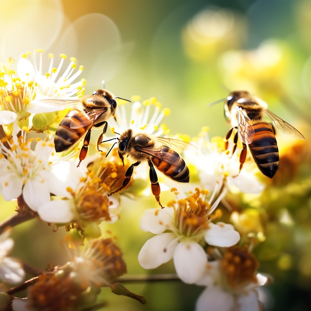 Lindas abelhas coloridas de fundo de flores naturais de primavera de verão trabalhando em um dia ensolarado brilhante