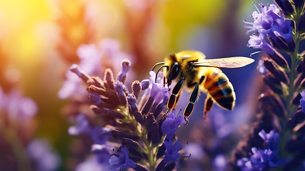 Lindas abelhas coloridas de fundo de flores naturais de primavera de verão trabalhando em um dia ensolarado brilhante