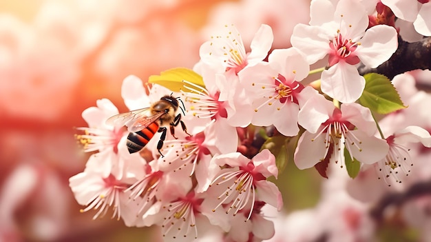 Lindas abelhas coloridas de fundo de flores naturais de primavera de verão trabalhando em um dia ensolarado brilhante