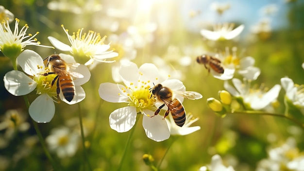 Lindas abelhas coloridas de fundo de flores naturais de primavera de verão trabalhando em um dia ensolarado brilhante