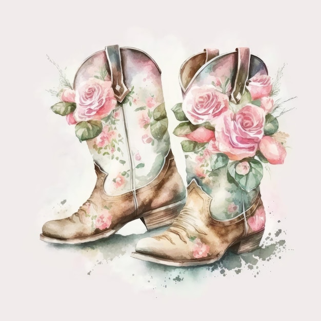 Lindas botas vaqueras con diseño de flores IA generativa