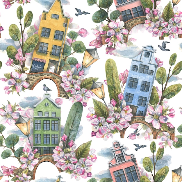 Lindas casas con árboles, un puente, una linterna, nubes de palomas y flores de manzana. Ilustración de acuarela. Patrón sin costuras de primavera de la colección de EUROPEAN HOUSES Para el papel tapiz de tela