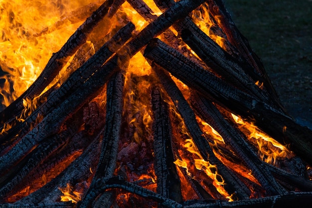 Lindas chamas de fogo em uma fogueira