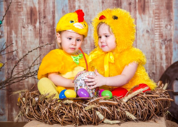 Lindas chicas juegan con conejos y patitos reales.