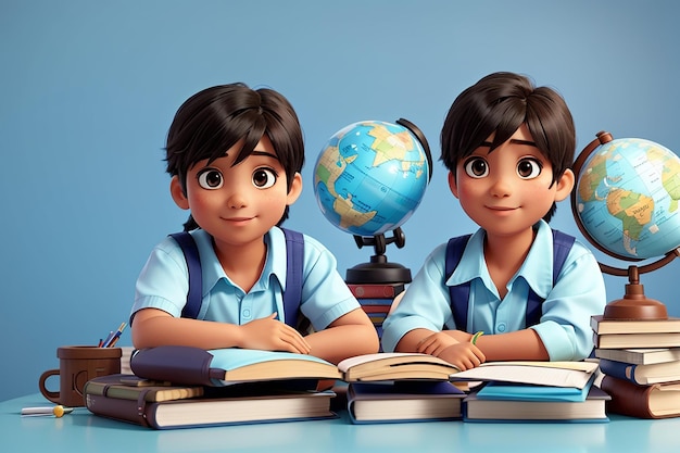 Lindas crianças indianas ou asiáticas estudando na mesa de estudo com uma pilha de livros globo educacional isolado sobre a cor azul clara