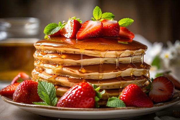 lindas deliciosas panquecas com mel e morangos à luz do dia em estilo nórdico